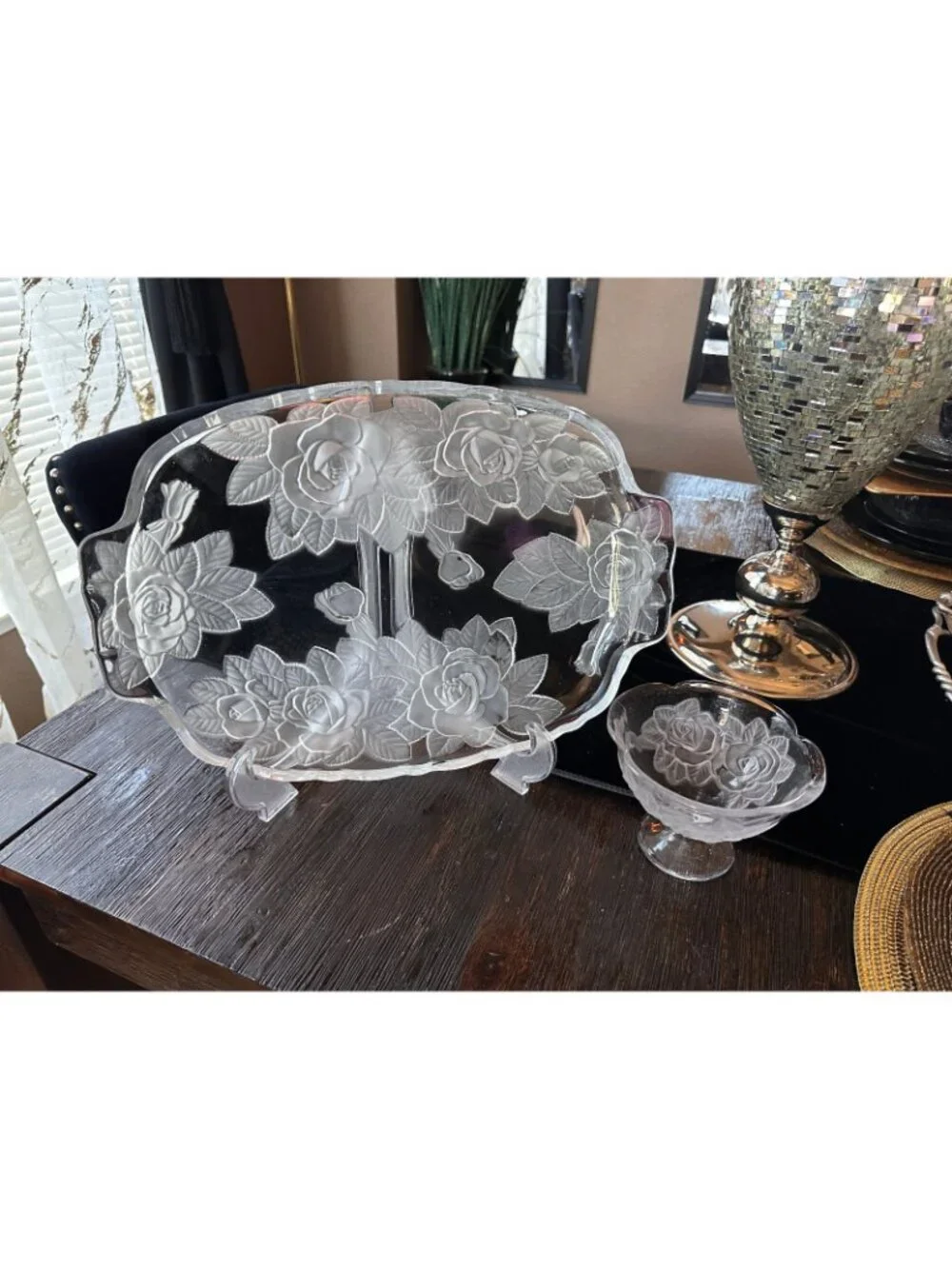 Vintage Mikasa Raised Rose Glass Platter Frosted Floral Tray Footed Snack Bowl